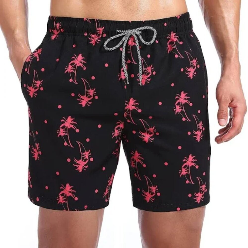 BIWISY BLACK PINK PALM TREES DRAWSTRING TWO POCKETS SWIM TRUNKS SIZE XL NWT